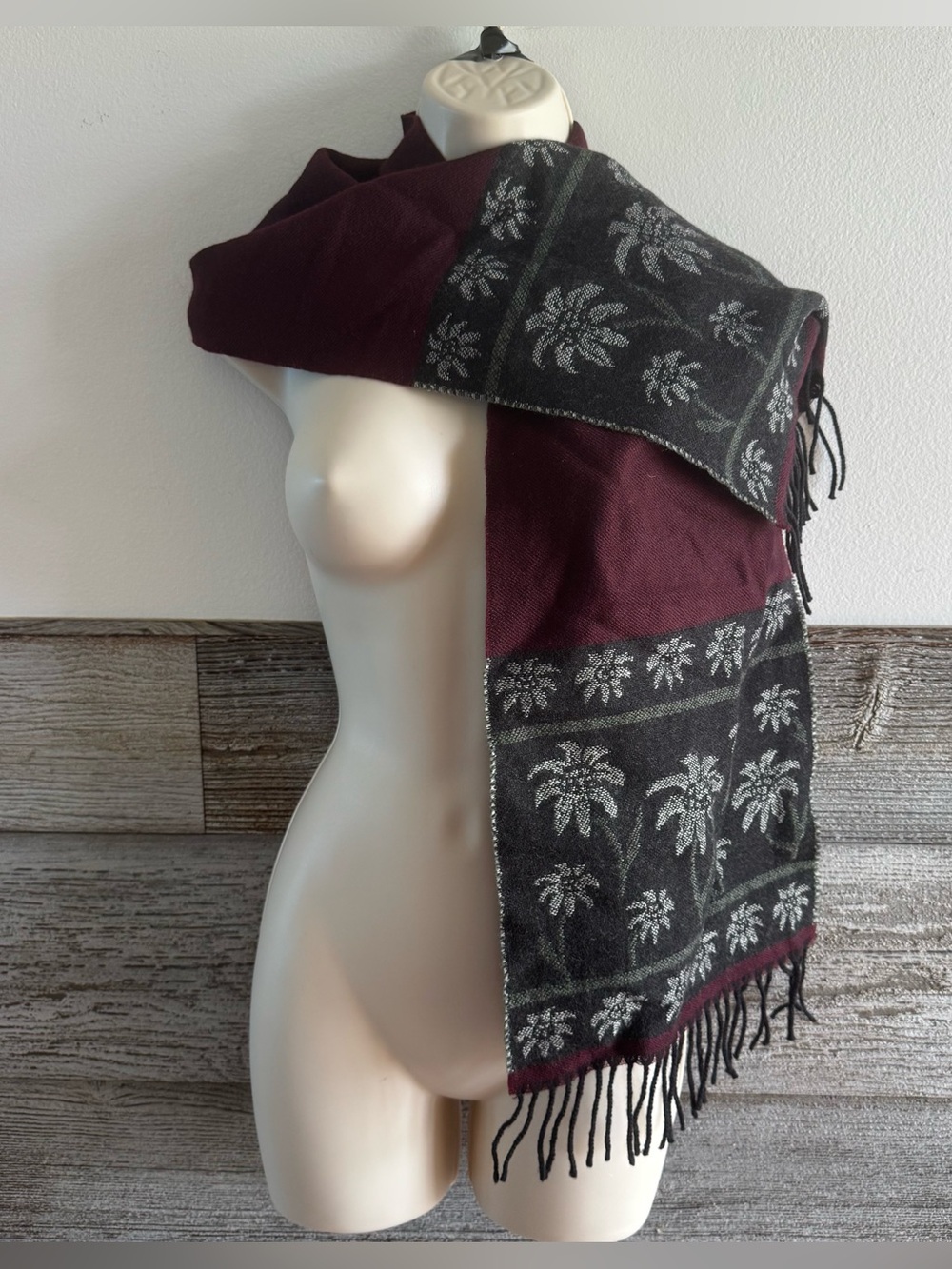 Vintage Austrian Wool Floral Scarf Loden-Plankl Wien Burgundy Black Fringe